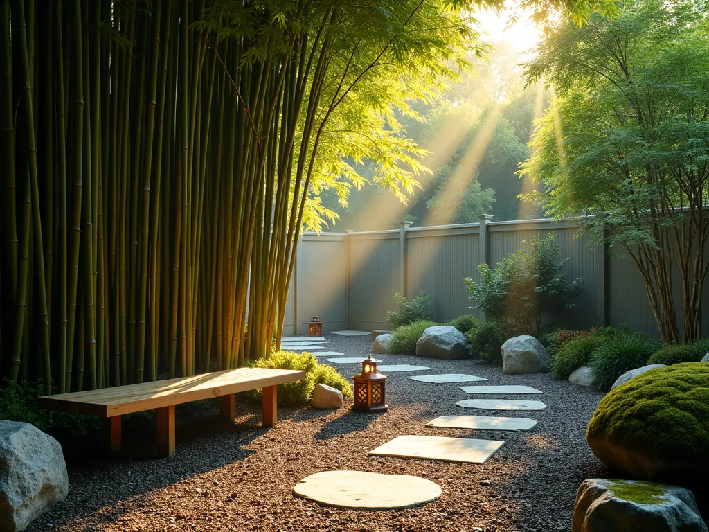 Serene Bamboo Grove Memorial Garden - A tranquil backyard sanctuary featuring a dense grove of tall, elegant bamboo stalks swaying gently in the evening light. Shot from a low angle to emphasize height and drama, with golden hour sunlight filtering through the bamboo leaves creating dappled shadows on a winding stone path below. The bamboo grove is surrounded by zen-style gravel and natural stone features, with decorative copper lanterns placed strategically among the bamboo. The rich, dark soil visible at the base shows signs of careful cultivation, while moss-covered rocks add texture and age to the scene. A small wooden meditation bench sits peacefully in the foreground, photographed with a wide-angle lens at f/8 to capture the entire grove's majestic scope while maintaining sharp detail throughout. The atmosphere is misty and ethereal, suggesting early evening tranquility.