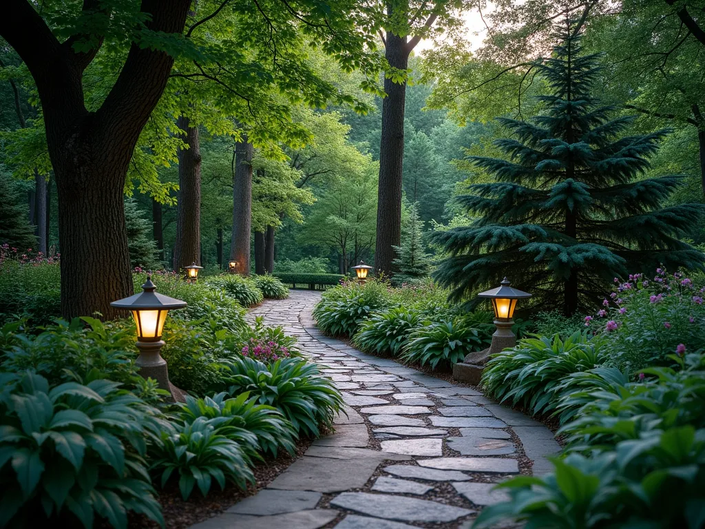 Serene Woodland Memorial Path at Dusk - A gently curving garden path through a backyard woodland setting at dusk, with soft ambient lighting. Natural stone pavers meander through dappled shadows, bordered by lush hostas, ferns, and bleeding hearts. Japanese forest grass and woodland phlox create a soft, flowing edge along the path. Stone lanterns cast a warm glow, illuminating the intimate walking journey. Dense canopy of mature trees overhead creates a cathedral-like atmosphere. Wide-angle perspective captures the entire peaceful scene with ethereal evening light filtering through the trees.