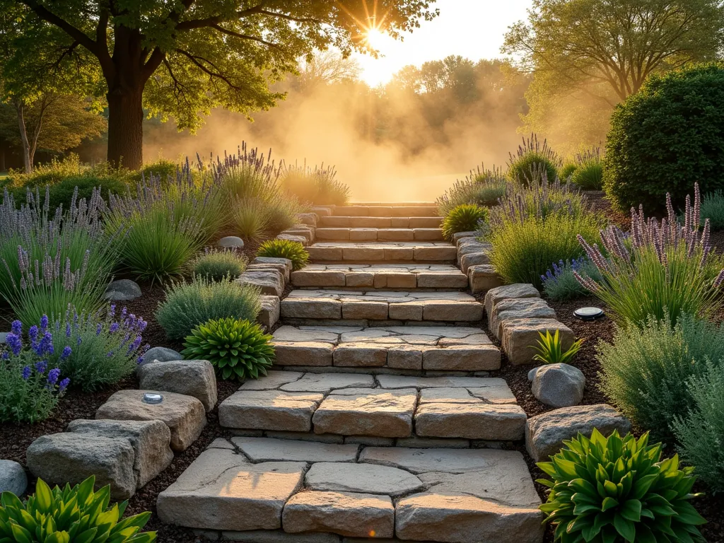 Spiral Herb Memorial Garden at Sunset - A beautifully crafted spiral-shaped herb garden photographed during golden hour, with soft sunlight casting long shadows across its terraced levels. The spiral rises about 4 feet high, constructed with natural stone blocks in warm earth tones. Mediterranean herbs like lavender, sage, and thyme cascade down the spiral's paths, creating a lush, textured landscape. The design features small hidden memorial plaques nestled between plants. A gentle mist hovers over the herbs, creating an ethereal atmosphere. The spiral is set against a backdrop of mature trees with dappled light filtering through. The garden is photographed from a three-quarter view angle, showing both the ascending spiral pattern and the variety of herbs growing at different heights. Small solar-powered lights are integrated along the spiral's path, beginning to glow as the sun sets.