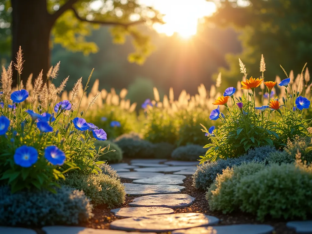 Sunrise Memorial Garden with Morning Glories - A serene east-facing garden photographed at dawn, capturing the first rays of sunlight filtering through vibrant blue morning glories and golden daylilies. The circular garden bed features a natural stone pathway leading to its center, where ornamental grasses sway gently. The morning dew catches the warm light, creating a ethereal atmosphere. Soft bokeh effect in the background shows a misty garden landscape. Shot with a wide-angle perspective to showcase the circular design, with the rising sun creating long shadows and golden highlights across the peaceful memorial space. Digital photography, 16-35mm lens, f/2.8, ISO 400.