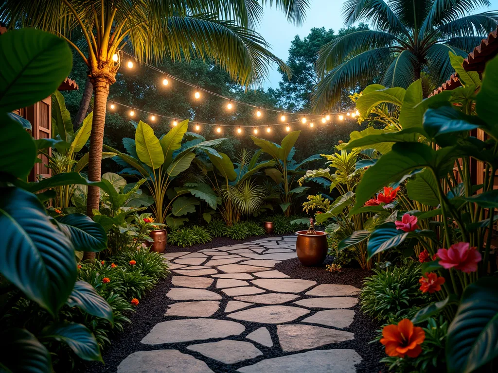 Tropical Memorial Garden at Dusk - A serene and lush tropical garden memorial space at dusk, shot with a wide-angle lens. Large, glossy elephant ear plants and vibrant bird of paradise flowers frame a peaceful meditation area. Soft garden lighting illuminates a winding stone path through dense tropical foliage. Dramatic monstera leaves and colorful hibiscus blooms create layers of texture. A small copper water feature provides gentle ambient sounds. The rich, dark soil beneath exotic plants holds memorial ashes, while string lights draped overhead create a magical atmosphere. Warm evening light filters through palm fronds, casting intricate shadows on the natural stone patio below.