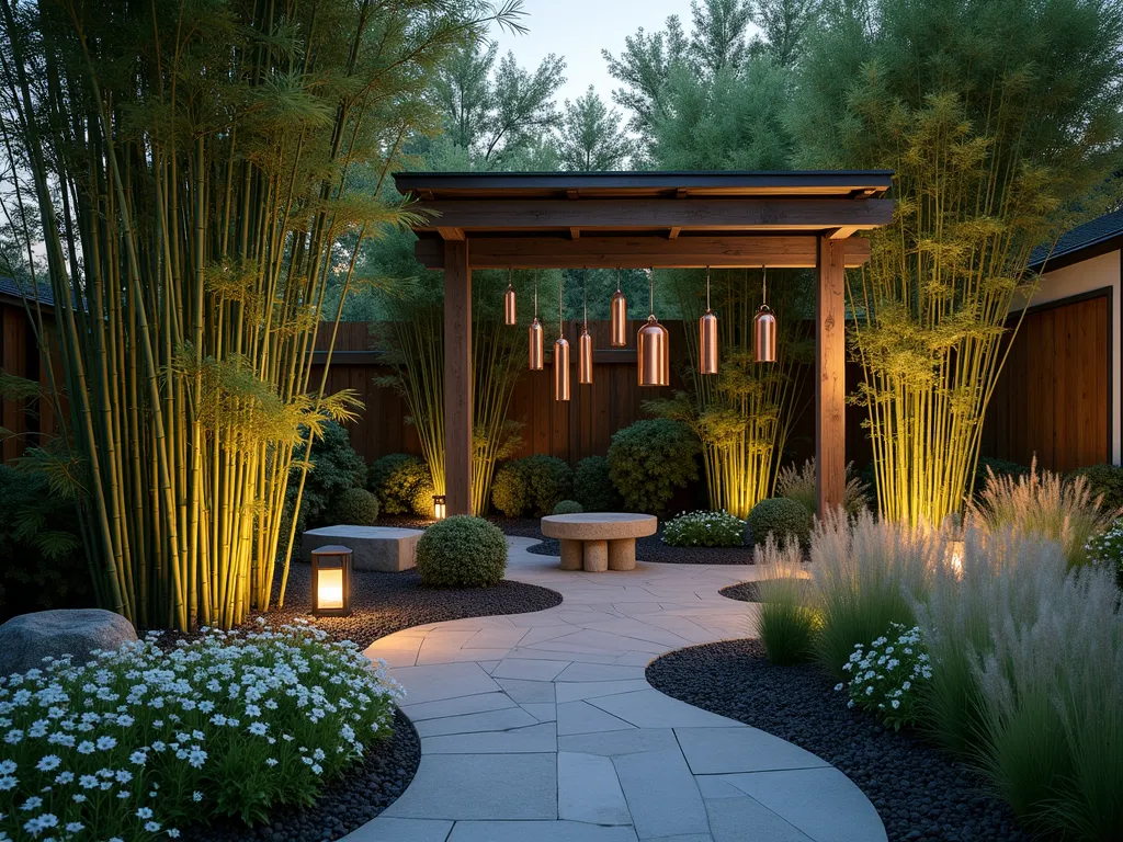 Twilight Sound Garden Memorial - A serene Japanese-inspired garden at twilight, featuring tall, swaying bamboo groves and ornamental grasses backlit by soft garden lights. A curved meditation path winds through the space, bordered by rustling Miscanthus and Japanese Forest Grass. Multiple copper and brass wind chimes hang from a weathered wooden pergola, creating gentle melodies. A small stone lantern illuminates a peaceful sitting area with a natural stone bench. The garden is photographed with a wide-angle perspective, capturing the ethereal atmosphere as the bamboo casts gentle shadows in the fading light, while delicate white Japanese Anemones and Silver Grass sway in the evening breeze. Shot at f/2.8 with subtle bokeh effect enhancing the magical atmosphere.