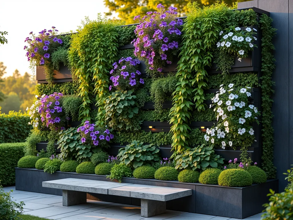 Sunset Living Wall Memorial Garden - A stunning vertical garden wall at golden hour, 8 feet tall by 12 feet wide, featuring cascading plants in a lush, textured arrangement. Purple wave petunias, trailing ivy, and white flowering lobelia create a mesmerizing waterfall effect against a modern slate-grey wall structure. Soft evening sunlight filters through the foliage, casting gentle shadows. The plants are arranged in a harmonious pattern, with varying depths and layers, growing from specialized wall-mounted planters. Small LED lights are tastefully integrated among the greenery. The perspective is at a slight angle to showcase the dimensional aspect, shot with shallow depth of field to emphasize the organic flow of the living tapestry. A stone bench sits beneath, creating a peaceful meditation spot in a contemporary garden setting.