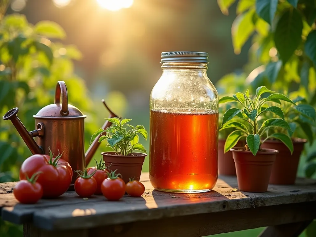 Preparing Garden Compost Tea with Wood Ash - A serene early morning garden scene with golden sunlight filtering through leaves, featuring a rustic wooden potting bench against a lush garden backdrop. On the bench sits a large glass jar filled with amber-colored compost tea made from wood ashes, with small streams of sunlight illuminating the liquid. Next to it are thriving potted tomato and pepper plants, their leaves a vibrant green. A vintage copper watering can sits ready for use, while morning dew glistens on surrounding plants. Shot in intimate detail with soft bokeh effect, highlighting the rich, translucent color of the compost tea. Depth of field focuses on the jar and its contents, with the garden softly blurred in the background. Photographic style emphasizes natural textures and organic elements.