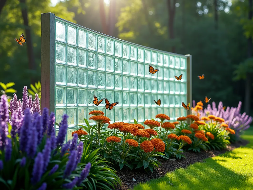 Butterfly Haven Glass Block Screen - A stunning curved glass block wall screen in a lush garden, standing 6 feet tall with a modern architectural design. Sunlight streams through the translucent blocks creating a prismatic effect on flourishing butterfly-attracting plants below. Purple butterfly bush, orange lantana, and pink echinacea bloom abundantly along the base. Several monarch and swallowtail butterflies hover near the flowers. The glass blocks have a subtle blue-green tint, creating a serene atmosphere in the garden setting. The screen features an artistic arrangement of blocks in varying sizes, with some blocks protruding slightly to add dimensional interest.