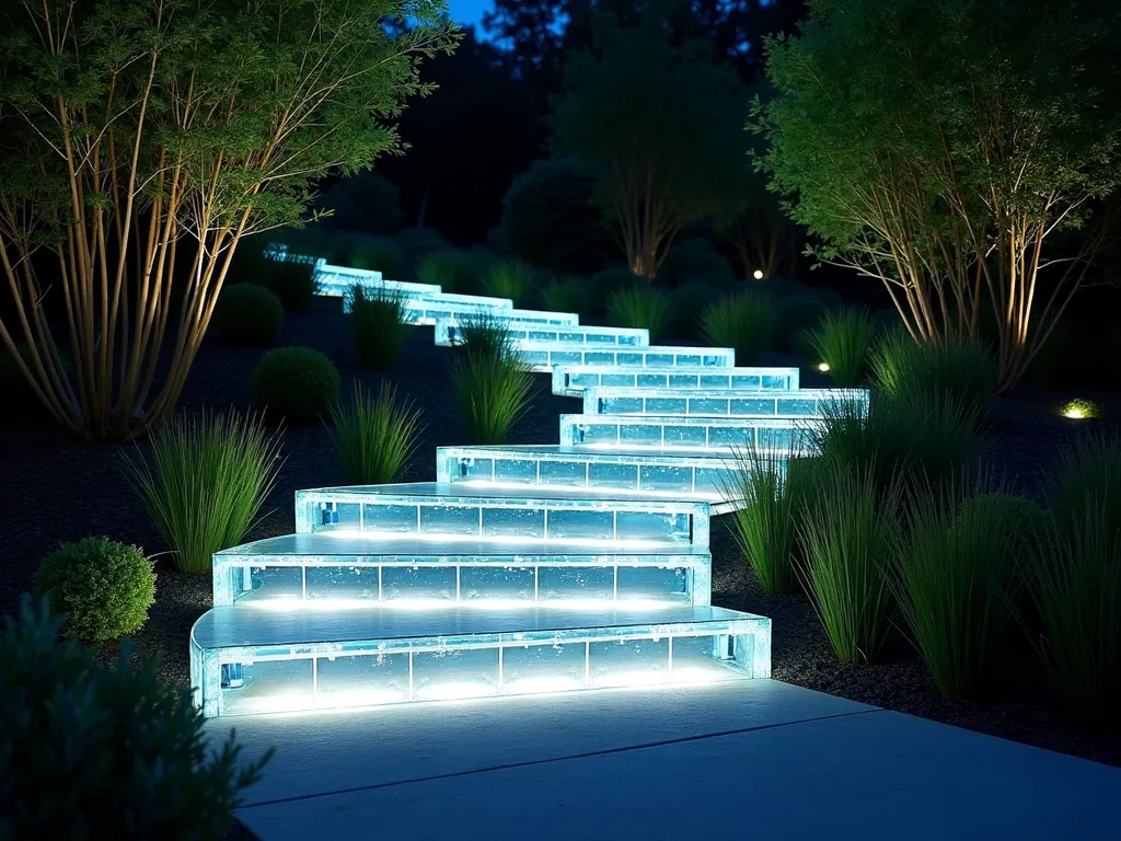 Illuminated Floating Glass Block Garden Steps - A stunning nighttime garden scene featuring modern floating glass block steps ascending through a serene landscape. The steps appear to hover magically, each block internally illuminated with soft blue-white LED lighting. The minimalist steel framework is barely visible, creating a true floating effect. The steps curve gently upward through different garden levels, bordered by ornamental grasses and low-growing bamboo. Subtle landscape lighting highlights the surrounding greenery, while the glass blocks cast ethereal light patterns on the ground. The overall composition creates a dreamy, contemporary atmosphere with a touch of architectural sophistication.