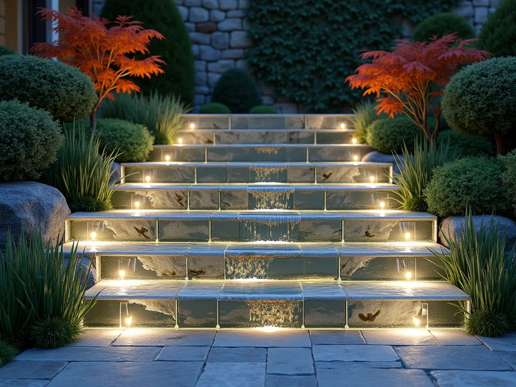 Illuminated Glass Block Cascade Steps - A photorealistic evening scene of elegant garden steps made from illuminated glass blocks, each step featuring water cascading down in gentle streams. The translucent blocks glow with warm white light from within, creating a mesmerizing interplay of light and water. The 6-step terrace is flanked by lush ornamental grasses and Japanese maples, with subtle landscape lighting highlighting the flowing water. The steps are set against a natural stone wall background with climbing vines, creating a peaceful zen-like atmosphere. The water catches the light as it flows, creating crystalline reflections across the glass surface.