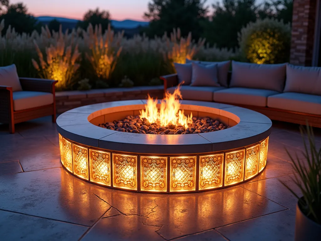 Modern Glass Block Fire Pit at Twilight - A circular modern fire pit surrounded by illuminated glass blocks creating a mesmerizing glow at twilight. The glass block surround stands 2 feet tall with a contemporary geometric pattern, allowing the warm firelight to filter through creating magical light patterns on the surrounding stone patio. Comfortable modern outdoor seating arranged around the fire pit. Natural landscaping with ornamental grasses catching the evening light in the background. Photorealistic, architectural photography style, warm ambient lighting.