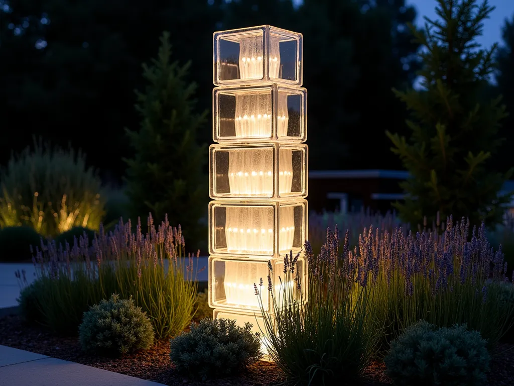 Modern Glass Block Light Tower - A stunning 7-foot tall sculptural tower made of stacked clear glass blocks illuminated from within by warm white LED strips, creating a ethereal glowing beacon in an evening garden setting. The tower features alternating patterns of frosted and clear glass blocks creating depth and visual interest. Surrounded by ornamental grasses and lavender, with modern landscape lighting casting dramatic shadows. Set against a dark background with contemporary landscaping, the tower serves as a magnificent focal point with light radiating through each glass block layer in a mesmerizing display.