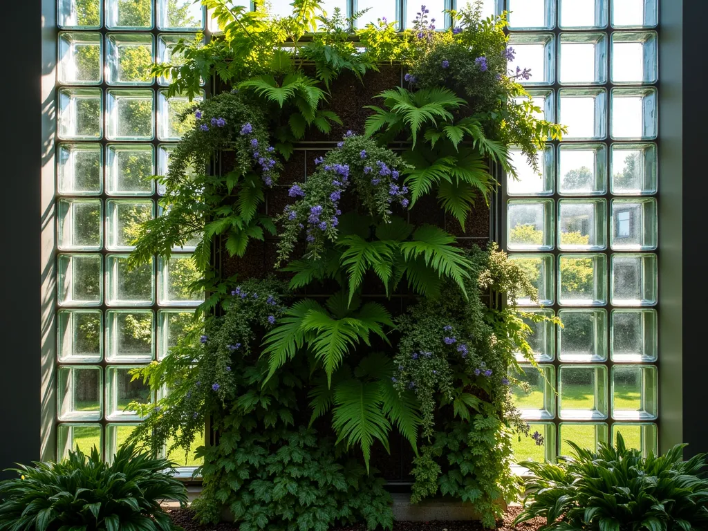 Modern Glass Block Living Wall Frame - A stunning modern garden feature showing a 8-foot tall living wall framed by illuminated glass block columns on either side. Lush green ferns, trailing ivy, and purple clematis grow vertically on a metal grid between the glass blocks. The glass blocks catch afternoon sunlight, creating ethereal patterns on the foliage. The wall is photographed from a slight angle to show depth, with some plants gently swaying in the breeze. Professional architectural photography style with soft natural lighting.