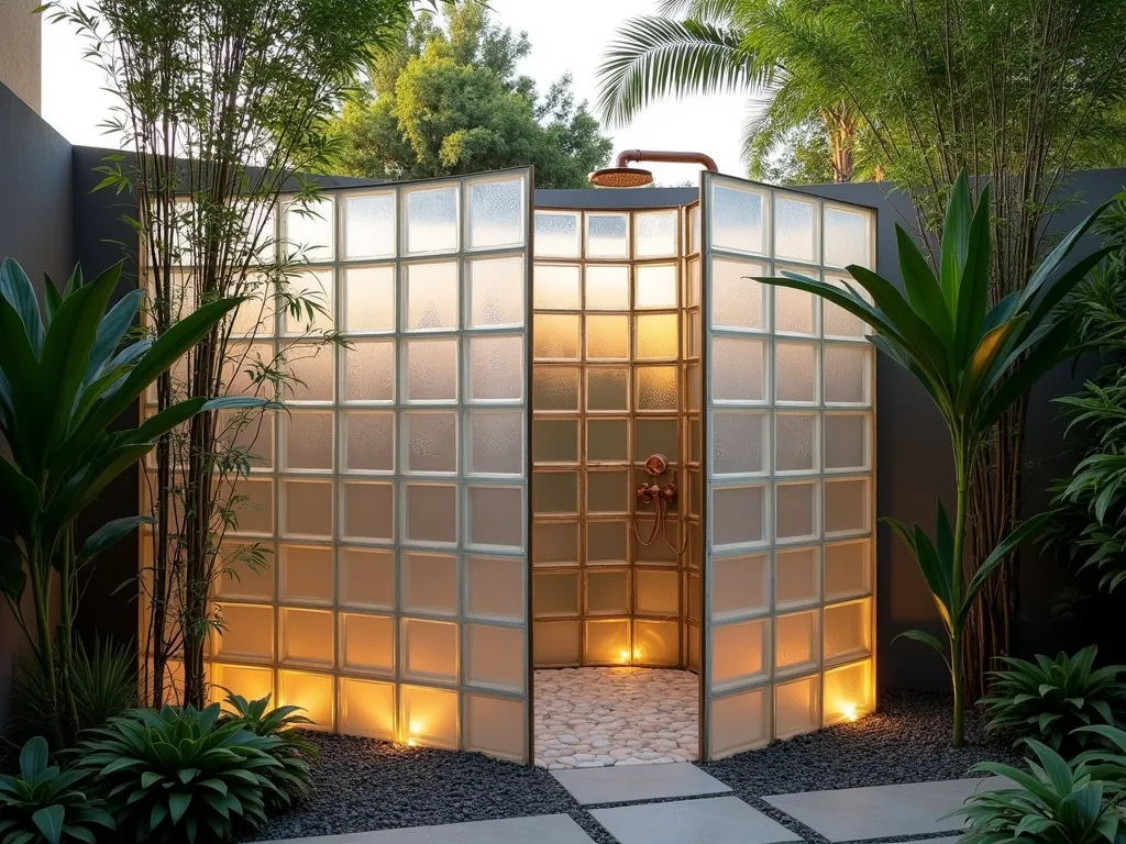 Luxurious Glass Block Outdoor Shower Sanctuary - A stunning outdoor shower enclosure made of frosted glass blocks in a curved design, surrounded by lush tropical plants and bamboo. The glass blocks feature a mix of wavy and geometric patterns, creating a sophisticated privacy screen while allowing natural sunlight to filter through. The shower area has natural stone flooring with pebble details, a rainfall showerhead mounted on a copper pipe, and soft evening lighting illuminating the glass blocks from within. Climbing jasmine and ferns add a natural, spa-like atmosphere, with steam rising gently in the golden hour light.