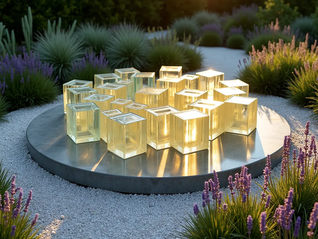 Glass Block Solar Calendar Garden Feature - A sophisticated modern garden installation featuring artistically arranged translucent glass blocks in a circular pattern, resembling a sundial. The blocks are positioned at varying heights on a sleek curved concrete base, surrounded by ornamental grasses and lavender. Golden sunlight streams through the blocks, creating prismatic patterns on the ground. The scene is set in a contemporary zen garden with crushed white gravel paths, while Japanese forest grass and silver fescue add movement and texture. The glass blocks catch the late afternoon light, casting colorful shadows that mark the seasonal positions of the sun across the garden space.