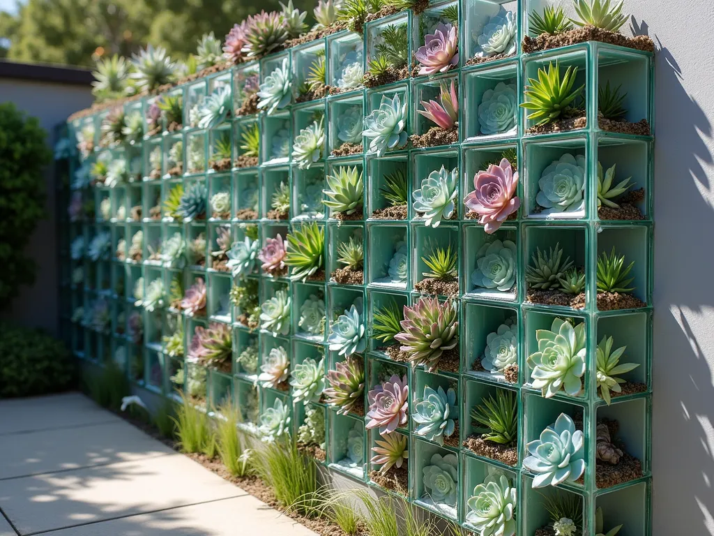 Modern Glass Block Succulent Living Wall - A stunning vertical garden made of illuminated glass blocks arranged in a geometric pattern on an outdoor wall, each block creating a built-in planting pocket filled with colorful succulents including Echeveria, Sedum, and Sempervivum. Sunlight streams through the translucent blocks, casting intricate shadow patterns on the ground. The wall features a mix of blue-green, pink, and purple succulents artistically arranged against the clean lines of the glass blocks, creating a contemporary architectural feature. Soft natural lighting enhances the dimensional quality of the installation.