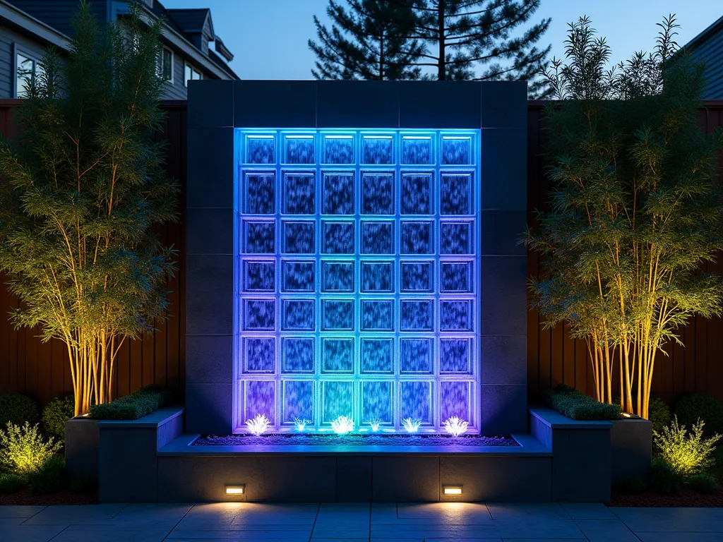 Illuminated Glass Block Water Wall with LED Lighting - A stunning modern garden water feature showing a 7-foot tall vertical wall made of translucent glass blocks, with water gracefully cascading down the surface creating a gentle rippling effect. The glass blocks are arranged in a geometric pattern, backlit with color-changing LED lights that transition from deep blue to purple and turquoise. The water wall is set against a dark stone background, surrounded by elegant bamboo plants and modern landscape lighting. The scene is captured during twilight to showcase the luminous quality of the glass blocks and the interplay of light, water, and glass. Small spotlights at the base illuminate the falling water, creating dramatic reflections and shadows.