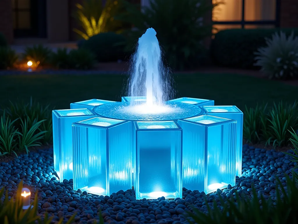 Illuminated Glass Block Circular Fountain - A modern circular garden fountain with a base made of curved glass blocks, glowing with soft blue LED lighting from beneath. Water cascades over the translucent blocks creating a mesmerizing effect in a contemporary garden setting at dusk. The fountain is surrounded by ornamental grasses and small uplights, with the water forming a thin sheet over the illuminated glass blocks. Subtle mist rises from the water surface, creating an ethereal atmosphere. The scene is captured with dramatic lighting that emphasizes the interplay between water, light, and glass.