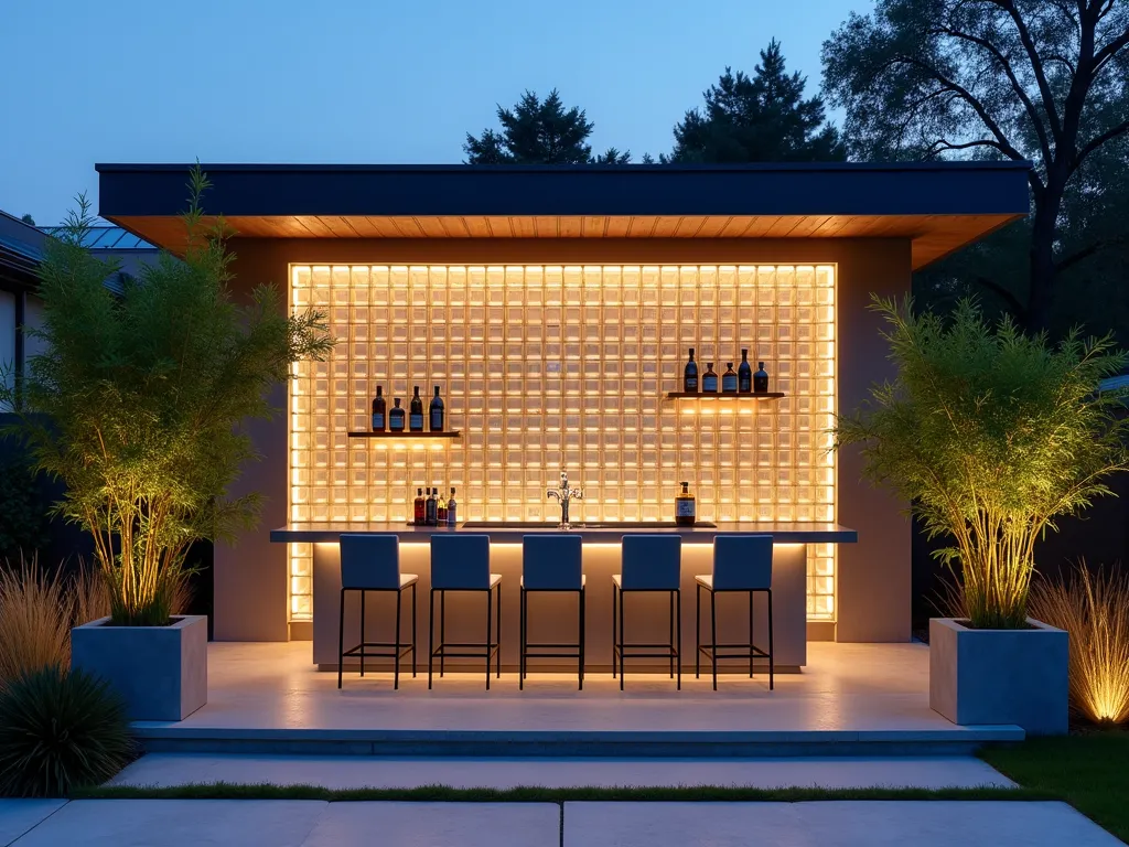 Illuminated Glass Block Garden Bar - A stunning modern outdoor bar with a dramatic glass block wall backdrop, softly illuminated from within with warm LED lighting. The glass blocks are arranged in a geometric pattern, creating a translucent architectural feature that stretches 8 feet high. The bar area features a sleek countertop with minimalist bar stools, surrounded by modern landscaping with ornamental grasses. The scene is set during the blue hour, capturing both the ambient glow of the glass block wall and the natural twilight, with strategic outdoor spotlighting highlighting architectural elements. Contemporary potted bamboo plants frame the edges of the bar area, while floating shelves display bottles against the luminous glass block backdrop.