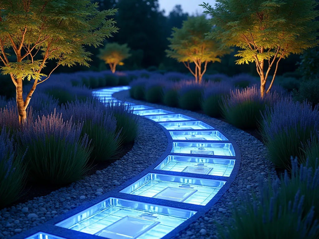 Enchanted Glass Block Garden Path at Twilight - A curved garden path made of illuminated glass blocks set flush with the ground, glowing with soft blue LED lights at dusk. The path winds through a lush garden with ornamental grasses and lavender borders. Japanese maples cast delicate shadows across the path, while the glass blocks create a mesmerizing pattern of light. Photorealistic, magical atmosphere, professional landscape photography, soft ambient lighting, high-end garden design, 8k resolution