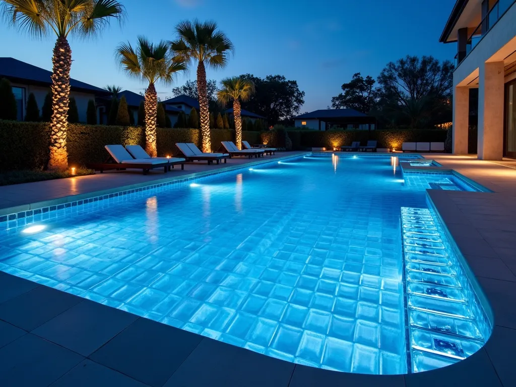 Illuminated Glass Block Pool Surround - A luxury swimming pool at twilight surrounded by modern glass blocks embedded in a sleek concrete surround. The glass blocks are internally illuminated with soft blue LED lights, creating a mesmerizing pattern of light that reflects on the pool's surface. The blocks are arranged in an elegant curved pattern following the pool's edge. The scene is complemented by strategic uplighting on nearby palm trees and modern loungers positioned along the pool deck. The overall composition creates a sophisticated and contemporary outdoor living space with a resort-like ambiance.