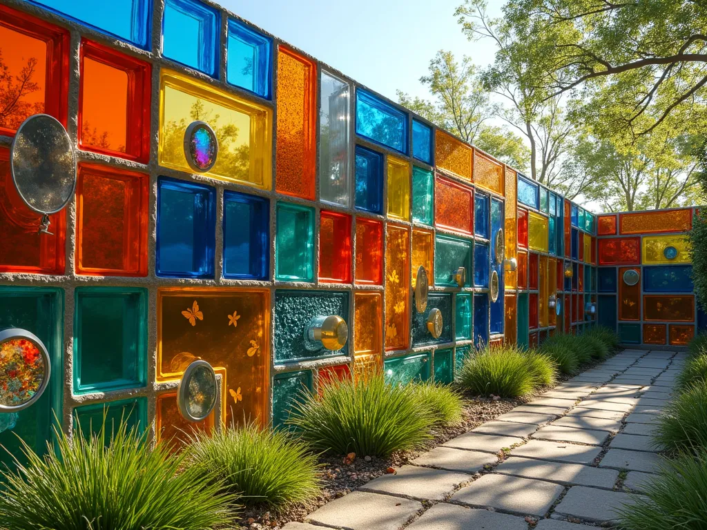 Magical Children's Glass Block Discovery Wall - A whimsical garden wall made of colorful glass blocks in a modern artistic pattern, featuring rotating prismatic elements and different textures. The blocks include cobalt blue, amber, and rainbow-tinted pieces arranged in a playful geometric design. Soft natural sunlight streams through the blocks, creating dancing patterns and colorful shadows on a nearby garden path. Some blocks contain embedded kaleidoscope features and spinning elements at child height. The wall is surrounded by soft ornamental grasses and butterfly-friendly flowers, with a safe play area featuring natural materials. Photographed in bright daylight to showcase the interactive light effects, cinematic lighting, professional photography, architectural detail