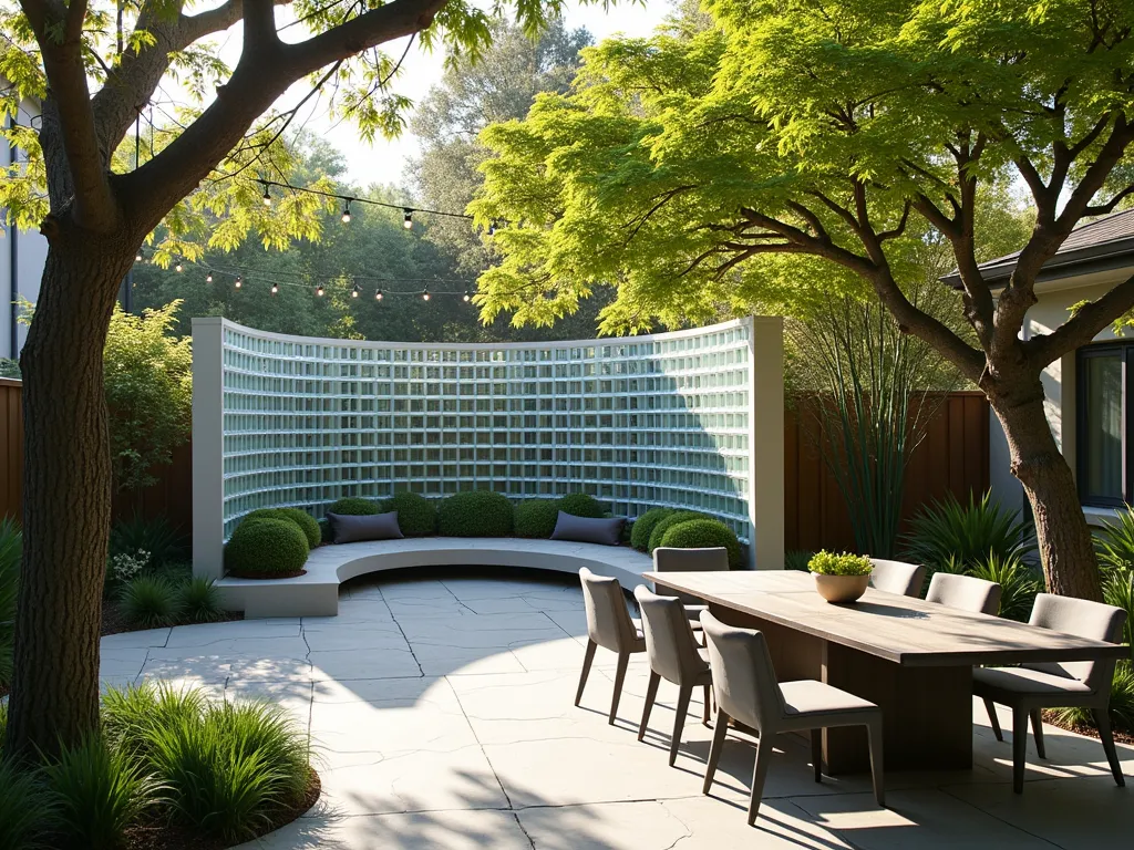 Modern Glass Block Garden Room Divider - A stunning modern garden setting featuring an elegant freestanding glass block wall divider, 6 feet tall, with a zen meditation area on one side and an intimate outdoor dining space on the other. The glass blocks catch the late afternoon sunlight, creating prismatic patterns on the natural stone patio. Japanese maple trees provide dappled shade, while ornamental grasses and bamboo add movement and texture. The glass block wall has a subtle curve and incorporates varying sizes of frosted and clear blocks in a contemporary pattern. Modern outdoor furniture in muted greys complements the design, while string lights overhead create ambient evening lighting.