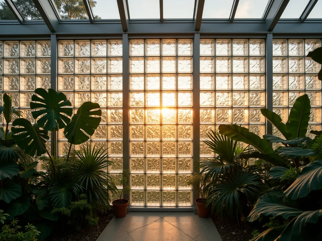 Modern Glass Block Greenhouse Wall - A contemporary greenhouse featuring a stunning accent wall made of glass blocks, photographed during golden hour. The wall pattern alternates between clear and frosted glass blocks in a geometric design. Sunlight streams through the blocks, creating mesmerizing light patterns on tropical plants inside. The greenhouse structure combines sleek aluminum framing with the glass block wall, while mature monstera deliciosa and fiddle leaf fig plants are visible through the translucent blocks. The interior lighting creates a warm, ethereal glow, highlighting the architectural beauty of the glass block pattern.