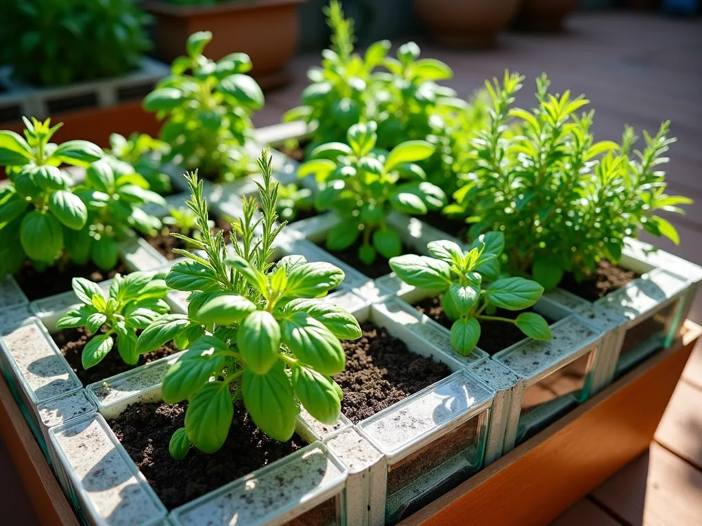 Modern Glass Block Herb Garden Display - A beautifully organized raised herb garden with clear glass blocks creating a modern grid pattern of planting sections, bathed in natural sunlight. Fresh herbs including basil, thyme, rosemary, and mint growing in neat compartments separated by pristine glass blocks. The blocks create a geometric pattern while allowing light to filter through, creating an artistic interplay of shadows. The herbs are lush and vibrant, with varying heights and textures. Background features a contemporary patio setting with warm wood decking.