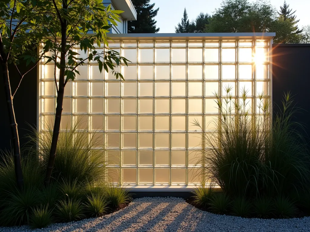 Contemporary Glass Block Privacy Screen - A sophisticated modernist garden privacy screen made of alternating clear and frosted glass blocks, arranged in a geometric pattern. The 8-foot tall screen is backlit by natural sunlight, creating an ethereal glow through the translucent blocks. The screen features a minimalist design with blocks arranged in a staggered pattern, casting interesting shadows on a zen-style gravel garden below. Tall ornamental grasses and black bamboo provide organic contrast against the geometric glass structure. The scene is captured during golden hour, highlighting the interplay of light and shadow through the blocks.