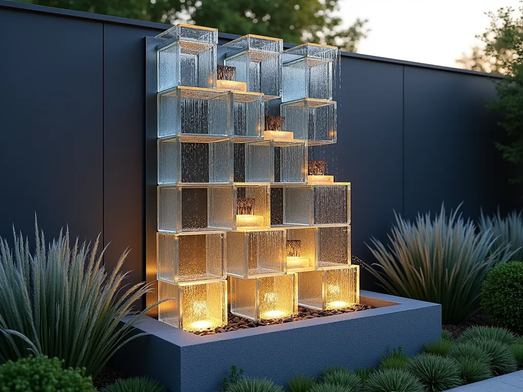 Modern Glass Block Rain Chain Feature - A stunning vertical water feature made from stacked clear glass blocks against a contemporary garden wall, illuminated by soft ambient lighting. Water elegantly cascades down the geometric surfaces of the blocks, creating a shimmering waterfall effect. The glass blocks are artfully arranged in a slight zigzag pattern, with LED lights positioned to highlight the water's movement. Surrounded by modern landscaping with ornamental grasses and silver-leafed plants for contrast. The background features a sleek charcoal-colored wall, while the base contains a decorative river rock catch basin. The scene is captured during golden hour, with water droplets catching the light as they flow down the translucent blocks.