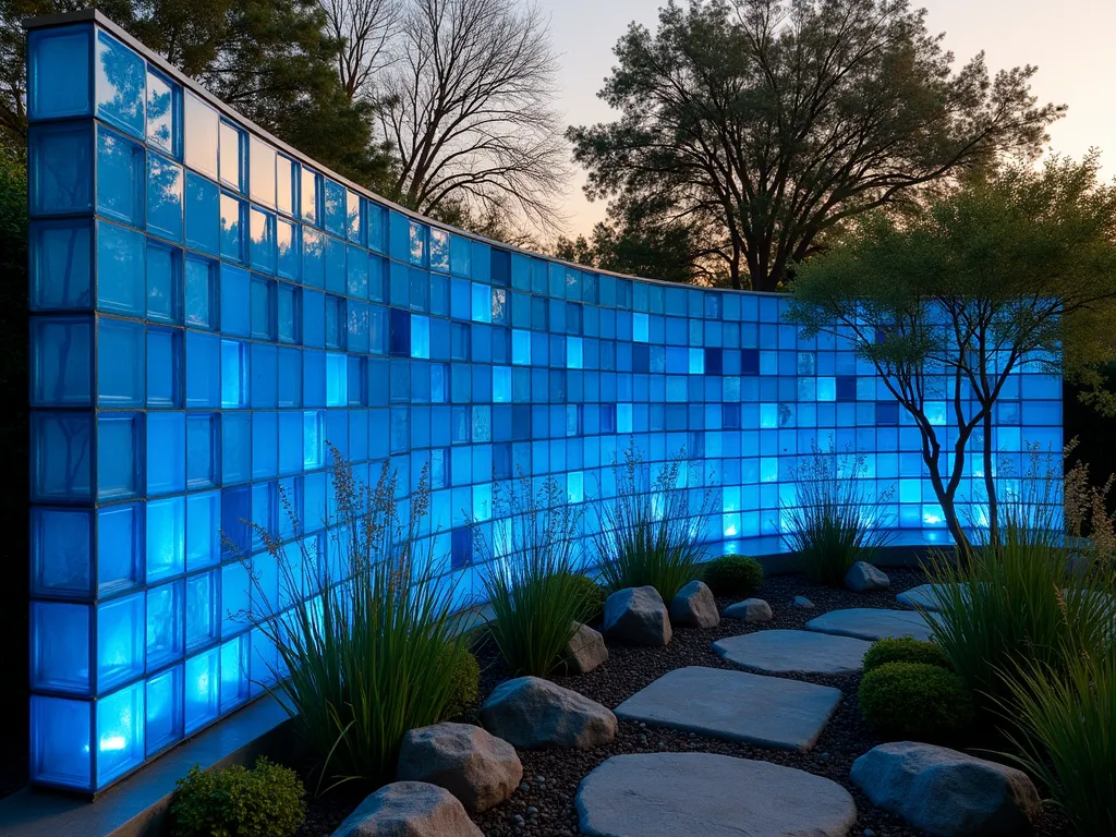 Modern Garden Sound Wall with Illuminated Glass Blocks - A stunning 8-foot-tall curved garden wall made of illuminated blue and clear glass blocks, artistically arranged in a wave pattern. The wall separates a peaceful zen garden with bamboo plants and ornamental grasses from a busy street. Soft LED lighting glows through the blocks at dusk, creating a ethereal atmosphere. Modern landscaping features include polished river rocks at the base and climbing jasmine vines beginning to weave through specially designed gaps between blocks. Photographed from the garden side with the setting sun casting warm light through the translucent blocks.