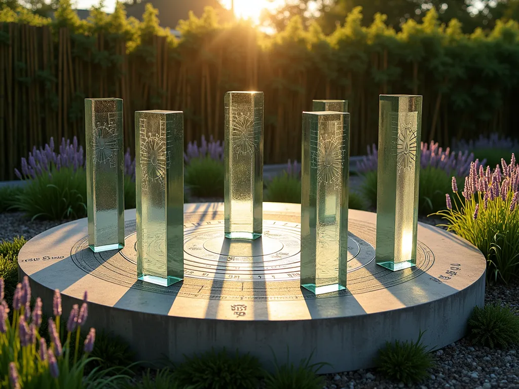 Modern Glass Block Garden Sundial - A contemporary garden sundial installation featuring tall rectangular glass blocks arranged in a circular pattern on a polished concrete base. The blocks vary in height, creating a harmonious spiral effect. Sunlight casts precise geometric shadows across the textured surface, with etched time markers. Surrounded by ornamental grasses and lavender, with a backdrop of architectural bamboo. Photographed during golden hour with dramatic shadow play, hyperrealistic style, 8k resolution.