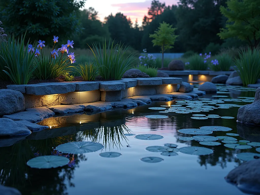 Modern Glass Block Wildlife Pond Edge - A serene wildlife pond at dusk with illuminated glass blocks forming a modern geometric border, casting ethereal light patterns across the still water surface. Translucent blue-tinted glass blocks are staggered at different heights, creating natural ledges and hiding spots. Lush marginal plants like iris and rushes emerge between the blocks. The scene is photographed from a low angle, capturing the reflection of sunset colors in the water and the subtle glow of the glass blocks. Natural stone and pebbles integrate with the glass elements, while water lilies float peacefully on the surface.