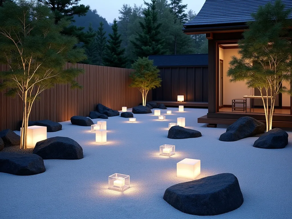 Modern Zen Glass Block Garden Path - A serene Japanese Zen garden at twilight featuring a curved path of illuminated glass blocks embedded in pristine white raked gravel. The blocks glow with soft internal lighting, creating a contemporary contrast against traditional elements including carefully placed black rocks and small maple trees. Modern geometric glass block sculptures rise from the gravel like crystalline formations, while bamboo screens provide a natural backdrop. The scene is composed with careful attention to minimalist principles, with each element precisely placed to create perfect balance and harmony.