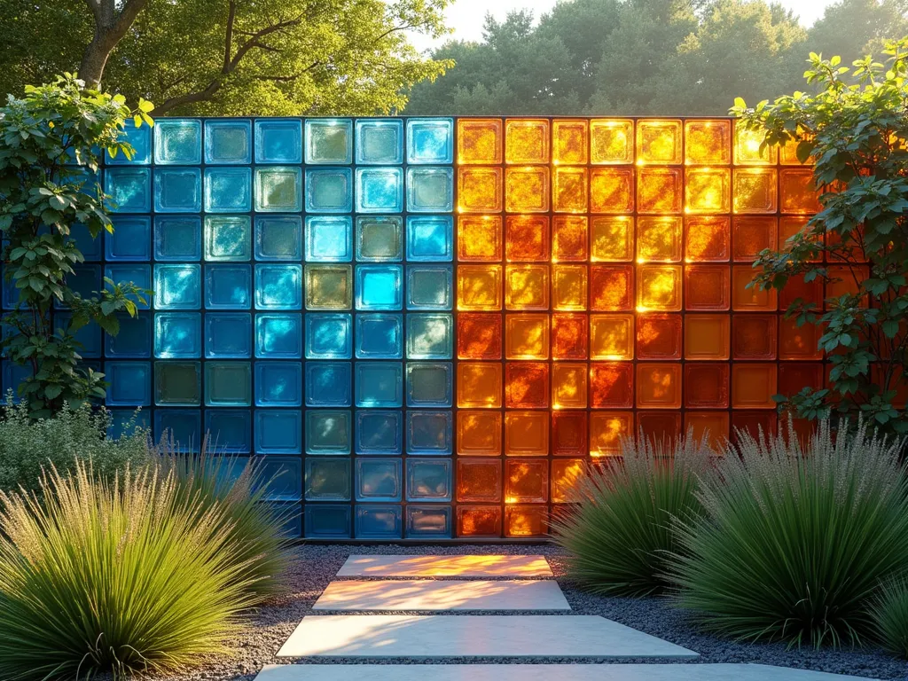 Artistic Mosaic Glass Block Garden Wall - A stunning modern garden wall made of glass blocks arranged in a vibrant mosaic pattern, featuring blues, ambers, and clear blocks of varying sizes. The wall is backlit by natural sunlight, casting prismatic colored shadows onto a zen garden path below. The wall is partially embraced by climbing jasmine vines, while ornamental grasses sway gently in the foreground. The scene captures the interplay of light through the translucent blocks, creating a mesmerizing display of colors across the garden space. Photorealistic, architectural photography style, golden hour lighting.