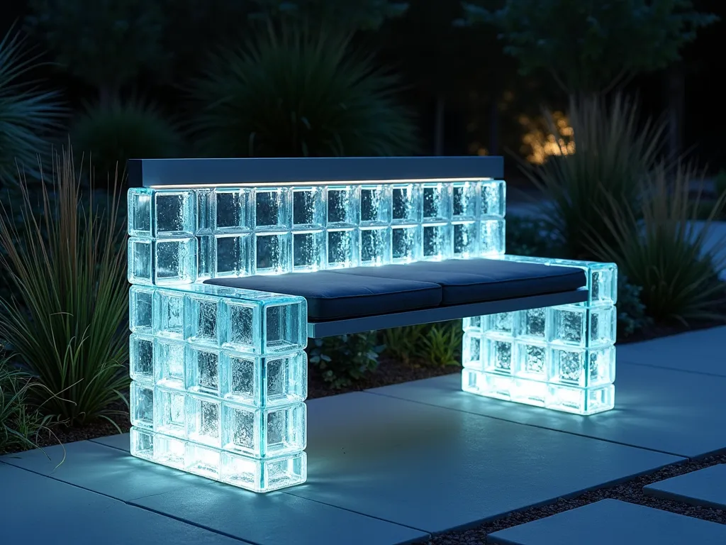 Illuminated Glass Block Garden Bench - A modern garden bench made of translucent glass blocks arranged in a clean geometric pattern, glowing softly from within through internal LED lights powered by sleek solar panels integrated into the backrest. The bench is positioned in a contemporary garden setting at dusk, surrounded by ornamental grasses and modern landscaping. The glass blocks create a crystalline appearance with a subtle blue-white illumination, casting gentle patterns on the surrounding garden path. Minimalist design with straight lines and perfect symmetry, featuring brushed steel accents and a comfortable cushioned seating surface in charcoal gray weather-resistant fabric.