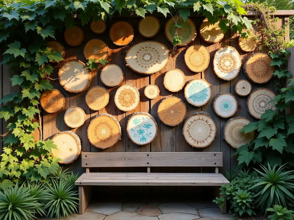 Artistic Log Slice Gallery Wall in Garden - A stunning close-up shot of a rustic garden wall adorned with artistically arranged wooden log slices of varying sizes, photographed during golden hour. The circular log pieces feature intricate burned mandala patterns and painted botanical designs in subtle earth tones. Some slices are natural wood, while others showcase white-washed and turquoise-stained finishes. Soft climbing vines of Virginia Creeper weave between the pieces, adding organic movement. Dappled sunlight creates dramatic shadows across the textured wood surface, while a comfortable wooden bench sits below, creating a contemplative garden seating area. Shot with shallow depth of field highlighting the detailed wood grain and artistic patterns. 16-35mm lens at f/2.8, ISO 400.