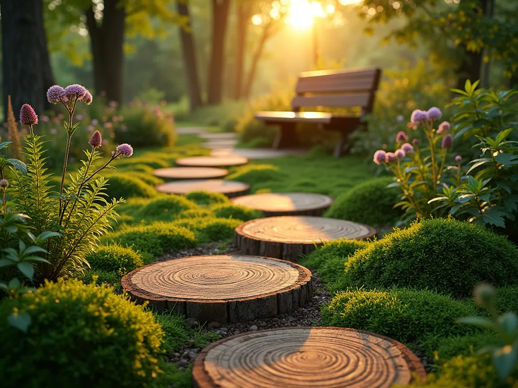 Enchanted Garden Log Slice Path - A magical garden pathway at golden hour, photographed at f/2.8 with a 16-35mm wide-angle lens. Natural wooden log slices, cut from aged oak, are artfully embedded into lush green moss and grass, creating a whimsical stepping stone path. The circular log rounds, each 24 inches in diameter, are slightly sunken into the ground and weathered to a silvery patina. Delicate ferns and woodland flowers border the path, while dappled sunlight filters through overhead maple trees, casting ethereal shadows across the wooden rounds. The path winds gracefully through the garden, leading to a rustic wooden bench in the soft-focused background. Morning dew glistens on the preserved wood surfaces, highlighting their natural grain patterns and annual rings.