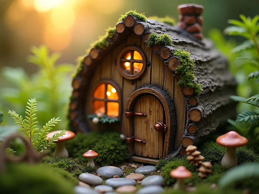 Enchanted Log Fairy House in Garden - Close-up DSLR photo at golden hour of a whimsical fairy house crafted from a weathered hollow log in a lush garden setting. The log house features tiny handcrafted windows with miniature curtains, a small wooden door with copper hinges, and a moss-covered twig roof. Delicate fairy lights twinkle through the windows, creating a magical glow. The house is surrounded by miniature garden elements including tiny ceramic mushrooms, pebble pathways, and small flowering plants. Soft, warm sunlight filters through nearby ferns and creates a dreamy atmosphere. Shot with shallow depth of field highlighting intricate details, f/8, ISO 100, 1/125 sec.