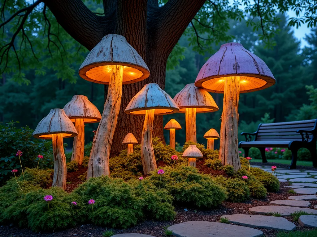 Enchanted Log Mushroom Garden Display - A magical twilight garden scene featuring artistically carved wooden mushroom sculptures made from logs of varying heights and sizes. The mushrooms are arranged in a natural cluster beneath a mature maple tree, with some painted in whimsical colors like soft blues and purples, while others maintain their natural wood finish sealed to showcase the grain. Soft landscape lighting illuminates the mushrooms from below, casting ethereal shadows on the surrounding moss-covered ground. Small native ferns and woodland flowers encircle the base of the sculptures, creating a fairytale-like atmosphere. The mushroom caps are created from thick log slices with beautifully preserved bark edges, mounted at slight angles on straight log stems of different heights ranging from 12 to 36 inches tall. A natural stone pathway winds past the display, with a rustic wooden bench visible in the background.