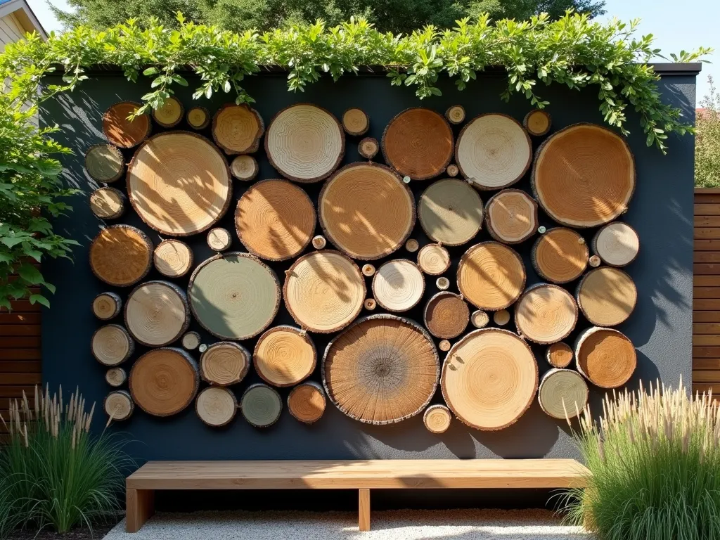 Geometric Log Slice Wall Art in Modern Garden - A stunning close-up view of a contemporary garden wall adorned with an artistic arrangement of wooden log slices in various sizes, creating a mesmerizing geometric pattern. The log slices range from 4 to 12 inches in diameter, some naturally weathered showing beautiful wood grain, while others are stained in subtle earth tones of sage green and warm brown. The wall art installation is gently illuminated by late afternoon sunlight casting intricate shadows, with climbing jasmine framing the corners. The artistic display is mounted on a textured charcoal-colored garden wall, with a modern wooden bench below and architectural grasses swaying in the foreground. Photographed at a slight angle to capture the dimensional quality of the installation, with shallow depth of field focusing on the intricate details of the wood grain.