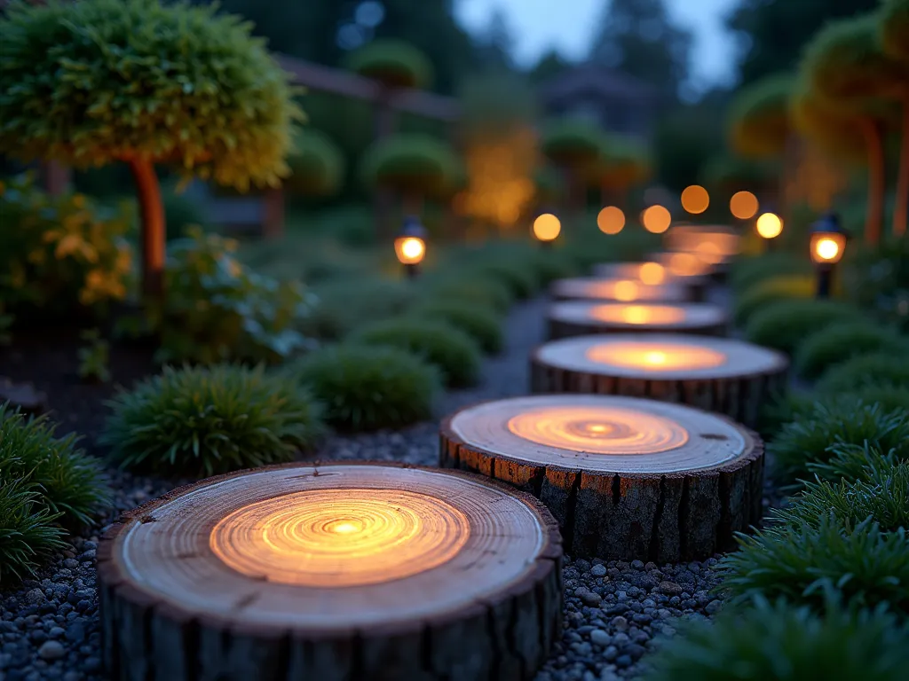 Enchanted Log Slice Garden Path - A magical twilight garden scene featuring a winding pathway illuminated by embedded LED lights in rustic wooden log slices. The circular log sections are artfully arranged in a meandering pattern through lush garden borders, each glowing with warm white light from their hollowed centers. Low-growing ornamental grasses and creeping thyme soften the edges of the path, while Japanese maples cast delicate shadows in the background. Captured from a low angle perspective that emphasizes the magical glow of the lights, with subtle bokeh effects creating a dreamy atmosphere. The natural wood grain patterns of the log slices are visible in the fading daylight, adding texture and organic beauty to the scene.