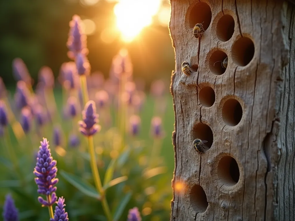 Natural Log Bee Hotel in Garden Setting - Close-up shot of a rustic weathered log bee hotel at golden hour, positioned vertically in a cottage garden. The log features multiple drilled holes of varying diameters, some occupied by solitary bees. Shafts of warm sunlight illuminate the log's textured surface, highlighting the natural wood grain. Purple coneflowers and lavender bloom in the soft-focus background, creating a pollinator-friendly setting. The scene captures the perfect balance between architectural garden feature and natural habitat, with a shallow depth of field emphasizing the intricate details of the bee holes.