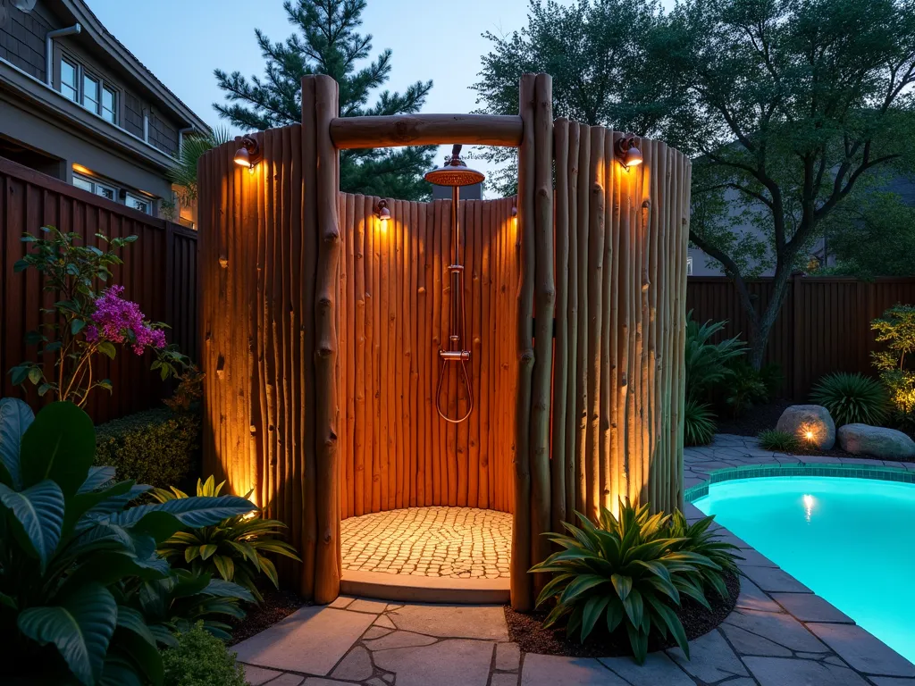 Natural Log Garden Shower Retreat - A serene outdoor shower enclosure at dusk, crafted from tall weathered cedar logs arranged vertically in a curved half-circle design. Warm solar-powered lights glow between the logs, casting dramatic shadows. Natural stone flooring with built-in drainage and tropical plants surrounding the base. A copper rainfall showerhead emerges from a central timber post. Climbing jasmine and moonflowers weave between logs, providing additional privacy. Background shows glimpses of a swimming pool with subtle blue lighting. Shot from a wide angle to showcase the entire structure within its garden setting, with soft twilight illumination creating an enchanting atmosphere.