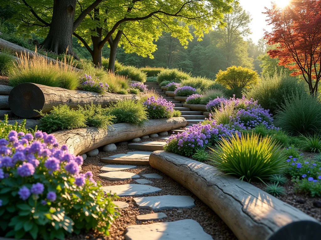 Rustic Log Terraced Garden at Sunset - A serene wide-angle view of a naturally terraced hillside garden at golden hour, featuring three tiers of aged wooden logs creating organic retaining walls. Each level blooms with cascading plants including purple catmint, creeping phlox, and native grasses. Natural stone steps weave between the terraces, while ornamental Japanese maples provide focal points. Dappled sunlight filters through the trees, casting warm shadows across the weathered logs. The terraces follow the natural contours of the slope, creating a harmonious blend of structural elements and wild garden aesthetics. In the foreground, small succulents and alpine plants nestle against the logs, while butterfly-attracting perennials provide height in the background.