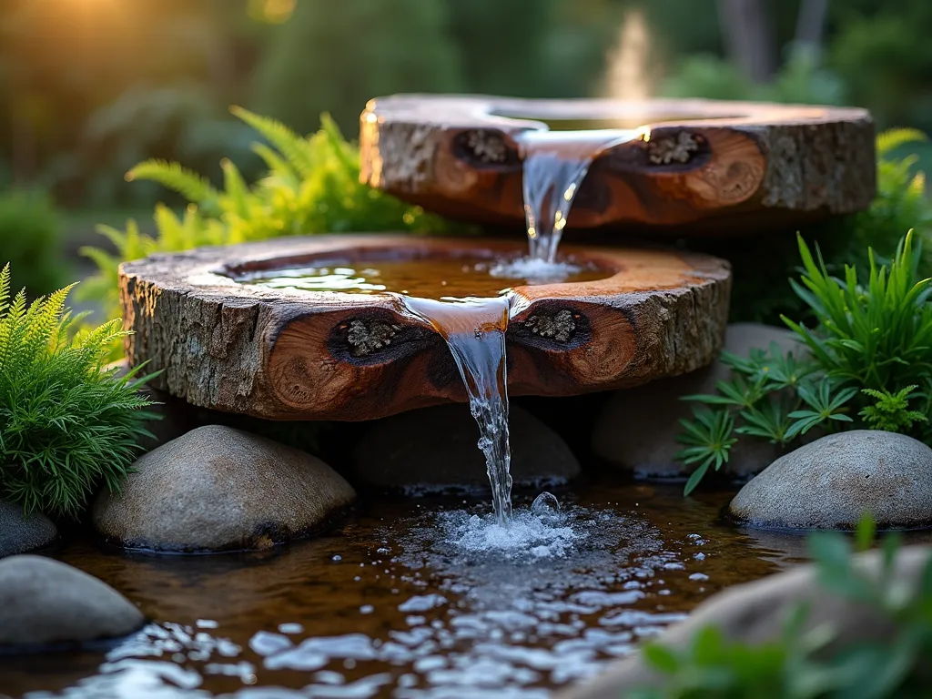 Natural Log Cascade Water Feature - A serene dusk garden scene featuring a stunning natural log water feature. Three weathered hollow cedar logs are artistically arranged in descending levels, creating a mesmerizing cascading waterfall effect. Crystal-clear water gracefully flows from one log to another, catching the warm golden hour light. The logs are nestled among natural river rocks and lush ferns, with soft mood lighting illuminating the water's path. The close-up shot at f/2.8 captures the intricate details of the water's movement and the rich texture of the aged wood, while delicate water droplets catch the fading sunlight. Japanese forest grass and creeping jenny spill over the edges of the logs, softening the design. A subtle mist rises from the feature, creating an ethereal atmosphere in the garden setting.