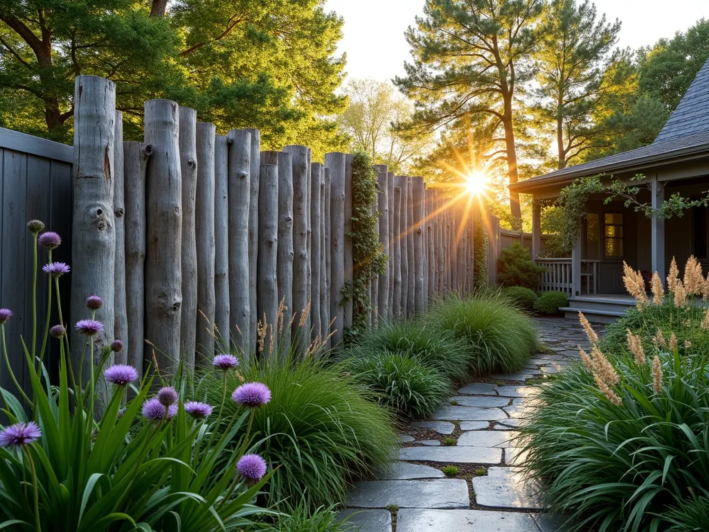 Natural Log Garden Divider at Sunset - A serene garden scene at golden hour featuring a stunning natural divider made from vertical cedar logs arranged in graduating heights from 4 to 6 feet tall. The logs are weathered to a silvery gray, creating an artistic installation that separates a lush perennial garden from a cozy seating area. Purple coneflowers and ornamental grasses sway in the foreground, while soft evening light filters through the gaps between the logs, casting dramatic shadows across a natural stone pathway. Shot from a wide angle at f/8 to capture the full composition, with the setting sun creating a warm backlight that highlights the organic texture of the wood. Japanese forest grass and hostas soften the base of the log installation, while climbing jasmine begins to weave between some logs, adding a wild, natural element.