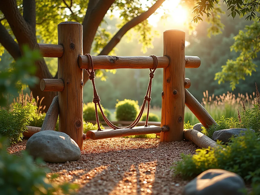 Natural Log Play Area at Golden Hour - A magical children's play area in a sun-dappled garden, photographed during golden hour with soft, warm lighting filtering through mature oak trees. Naturally weathered cedar logs are artfully arranged to create an enchanting playground, featuring a balanced composition of horizontal logs serving as balance beams at varying heights, and vertical logs secured in the ground at different angles for climbing. The logs are smoothly sanded and sealed, with rounded edges for safety. Surrounding the play area is a soft bed of natural wood chips for safe landings, complemented by ornamental grasses and native ferns providing texture and movement. A wooden rope bridge connects two log platforms, while strategically placed boulders add natural elements to the scene. Shot with a wide-angle lens at f/2.8, creating beautiful bokeh effect in the background foliage, with the golden sunlight creating dramatic shadows and highlighting the natural wood grain of the logs. The perspective captures both the entire play area and intimate details of the log structures.