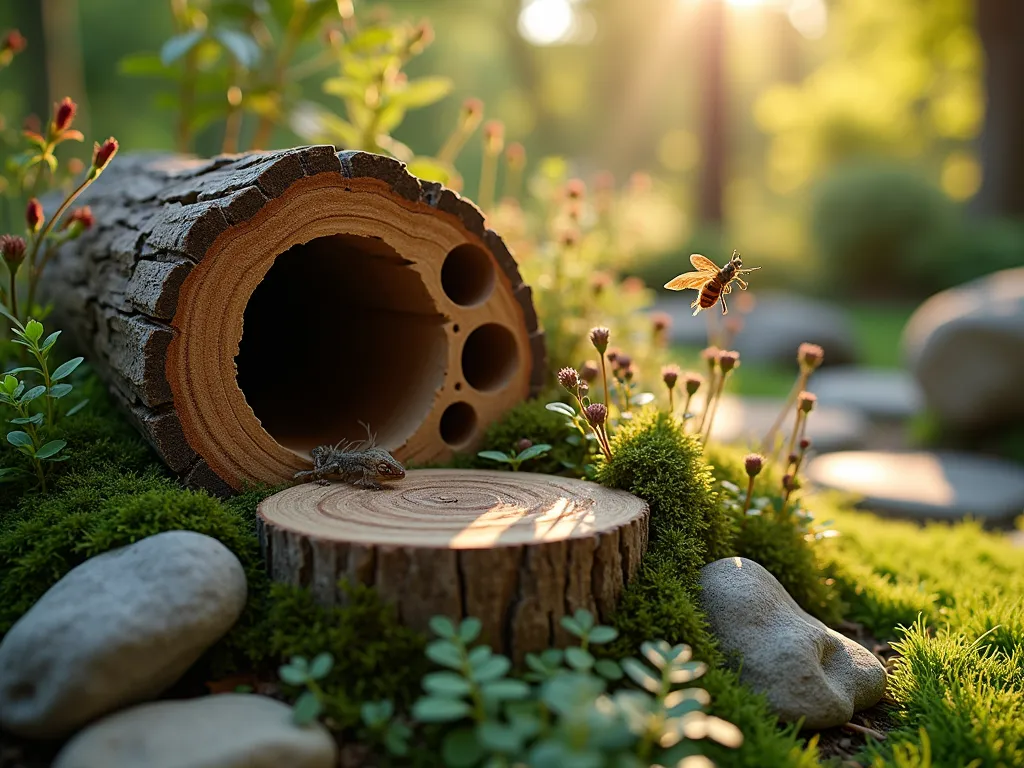 Natural Log Wildlife Sanctuary - Close-up shot of an artistically arranged hollow log habitat in a serene garden corner at golden hour. The weathered oak log features carefully drilled holes of varying sizes and natural crevices, surrounded by native ferns and woodland wildflowers. Soft, warm sunlight filters through overhead tree canopy, creating dappled shadows on the moss-covered log. A solitary native bee explores one of the drilled holes, while a small lizard basks on the log's surface. The background shows a blurred natural garden setting with native plants and stone elements. Shot with shallow depth of field highlighting the intricate details of the log habitat. 16mm lens capturing the intimate garden scene with natural bokeh effect.