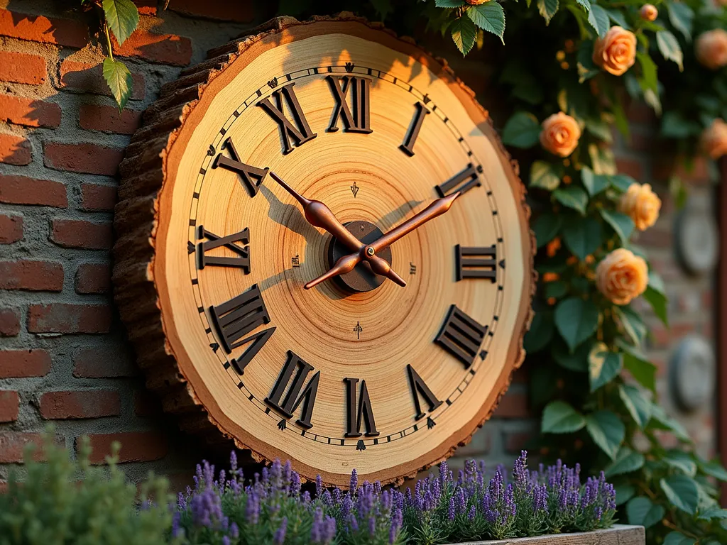 Rustic Garden Log Clock at Dusk - A close-up shot of a stunning rustic garden clock made from a large, polished cross-section of oak log, mounted on a weathered brick wall covered in climbing ivy. The clock face features elegantly burned Roman numerals and copper-finished metal hands that catch the warm light of dusk. The log slice shows beautiful natural wood grain patterns and is sealed for outdoor use. Soft garden lights illuminate the surrounding area, while climbing roses frame the clock. The scene is captured during golden hour, with subtle shadows playing across the textured wood surface. The clock is positioned above a small cottage garden bed filled with lavender and sage, creating a magical, timeless atmosphere.