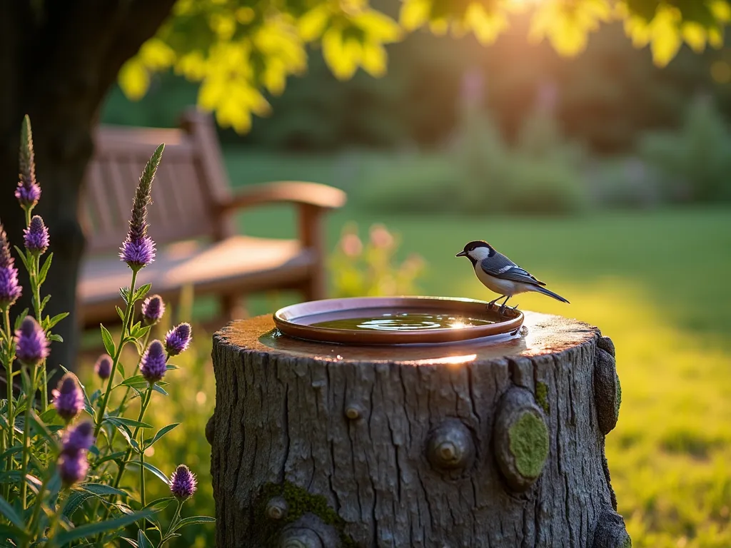 Rustic Log Bird Bath in Garden Setting - Close-up shot of a beautifully weathered, natural log bird bath at golden hour. The log stands 3 feet tall with a carefully hollowed-out bowl-shaped depression at the top containing a copper basin filled with clear water. Small ripples dance across the water's surface as a chickadee perches on the edge. Surrounding the log are blooming purple coneflowers and ornamental grasses swaying in the breeze. A cozy wooden bench is visible in the soft-focused background, positioned under a mature maple tree. Dappled sunlight filters through the leaves, creating a warm, inviting atmosphere. The log's natural bark texture and wood grain patterns are enhanced by the evening light, while moss growing on its northern side adds character. Photorealistic, high detail, natural lighting, shallow depth of field.