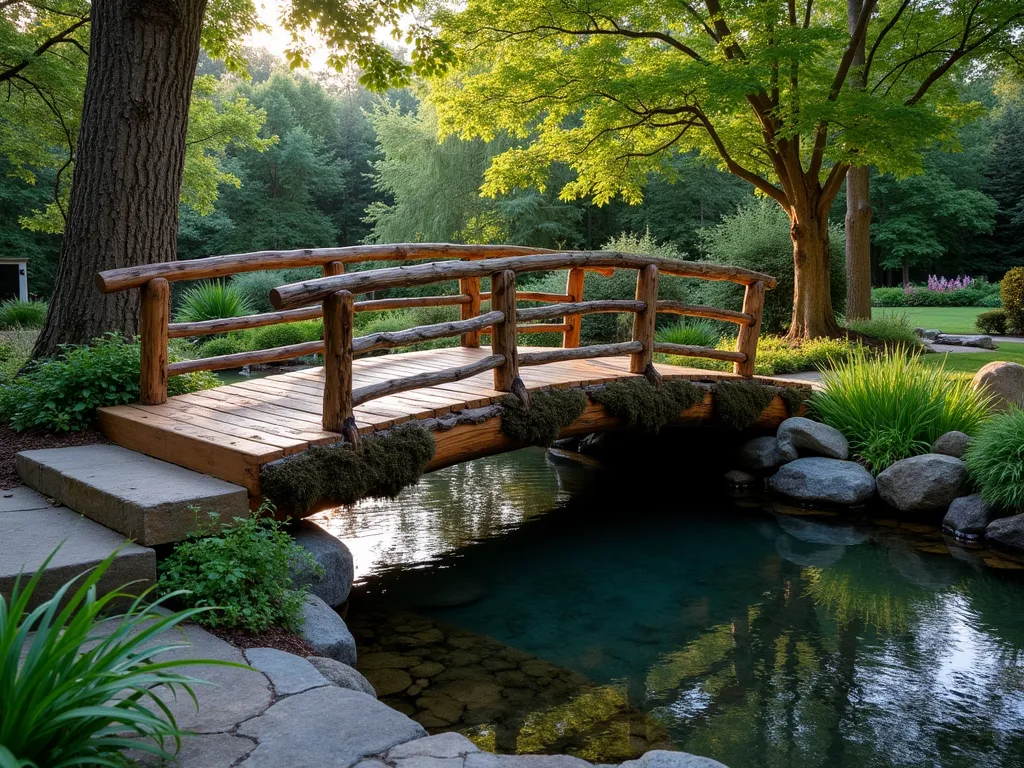 Enchanting Log Bridge Over Garden Stream - A stunning dusk photograph of a rustic garden bridge crafted from a large, weathered oak log, spanning a peaceful natural stream in a beautifully landscaped backyard. The log has been expertly flattened on top and features charming wooden railings made from cedar branches. Natural moss adorns parts of the log, while Japanese Forest Grass and River Ferns grace the stream banks. Soft evening light filters through overhead Japanese Maples, casting dappled shadows on the crystal-clear water below. Shot with a wide-angle perspective at f/2.8, capturing both the bridge's detailed craftsmanship and its harmonious integration into the surrounding landscape. Stone steps lead to either end of the bridge, with low-growing creeping thyme spilling over their edges.